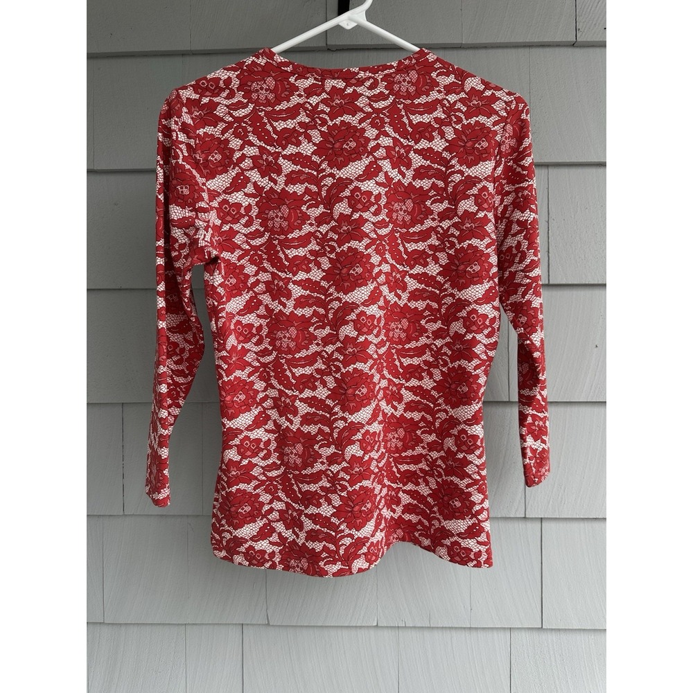 J. McLaughlin Red & White Floral Lace Print 3/4 Sleeve Nylon Spandex Top Sz S - Picture 6 of 6